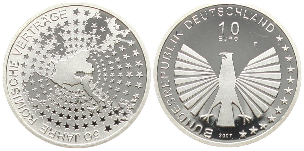  Deutschland: 10 € 2007 F Römische Verträge stgl, Silber!   