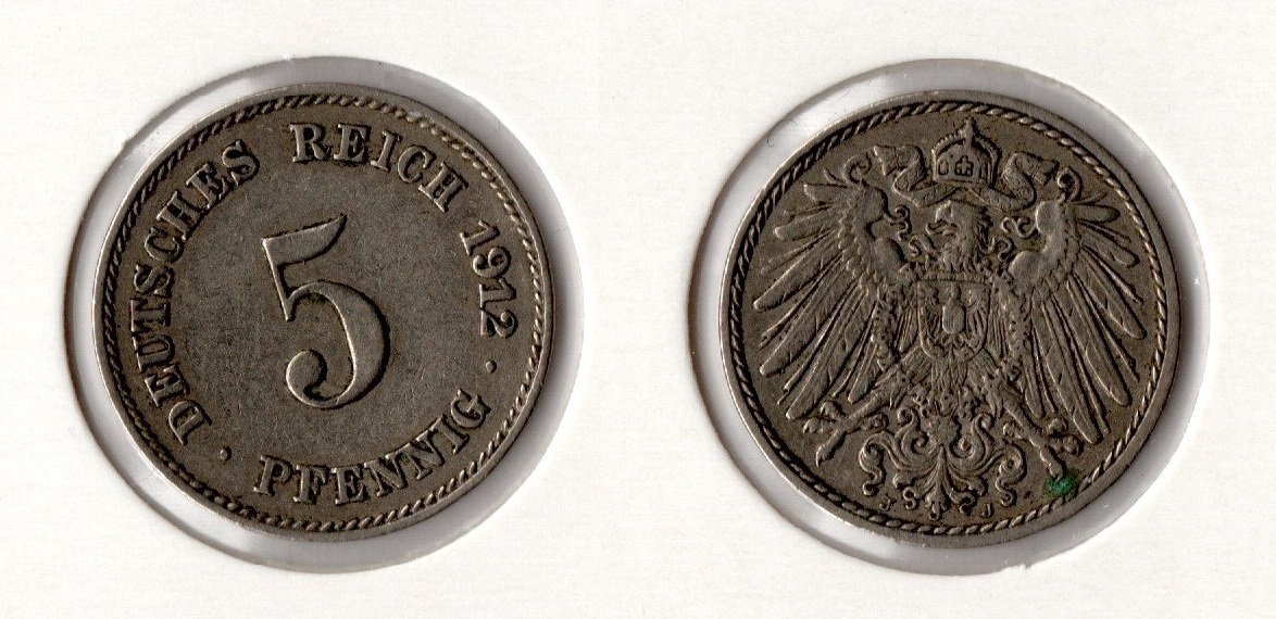  Kaiserreich 5 Pfennig 1912 -J- Jaeger 12. ss-vz   