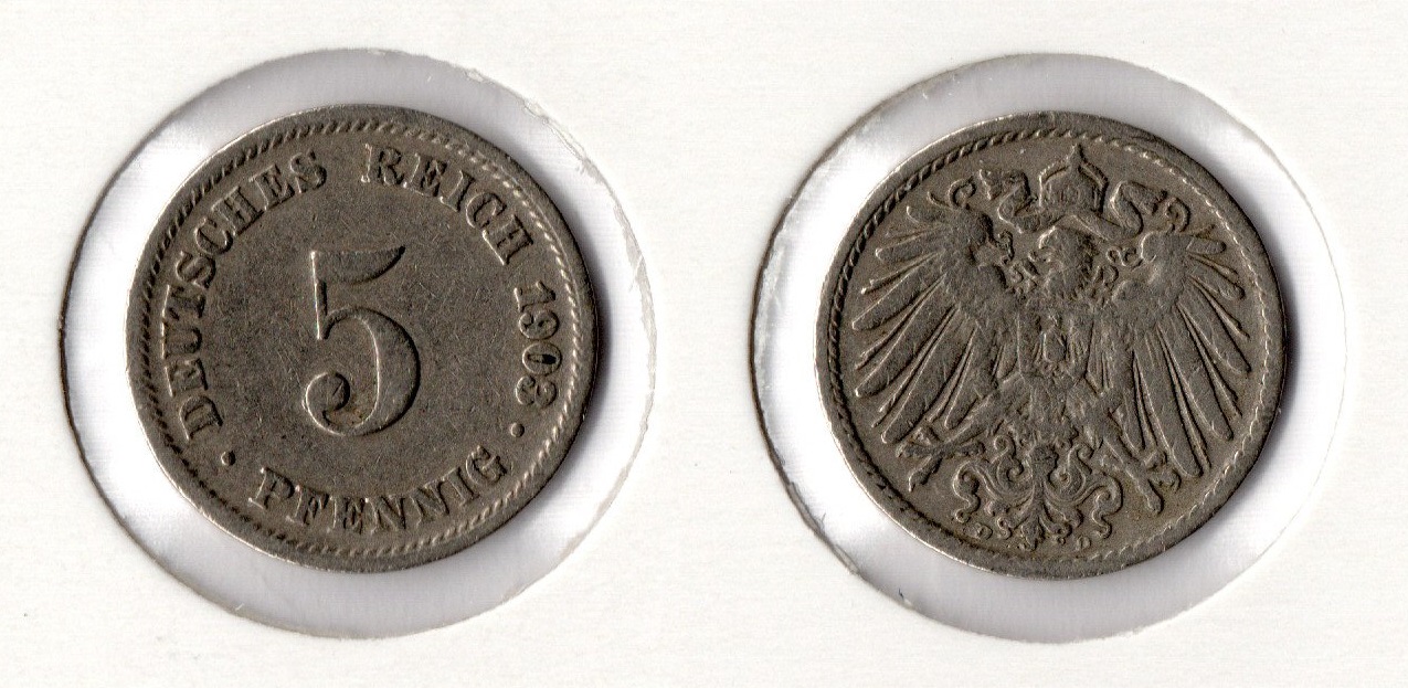  Kaiserreich 5 Pfennig 1903 -D- Jaeger 12. ss   