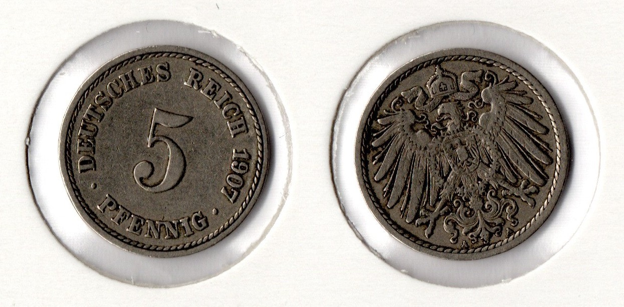  Kaiserreich 5 Pfennig 1907 -A- Jaeger 12. ss-vz   