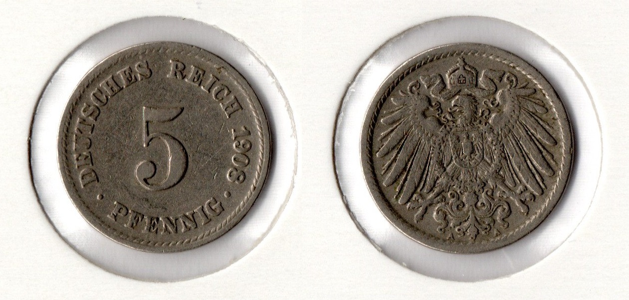  Kaiserreich 5 Pfennig 1908 -A- Jaeger 12. ss-vz   