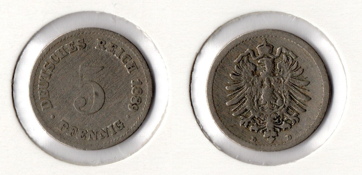  Kaiserreich 5 Pfennig 1889 -D- Jaeger 3. s-ss   