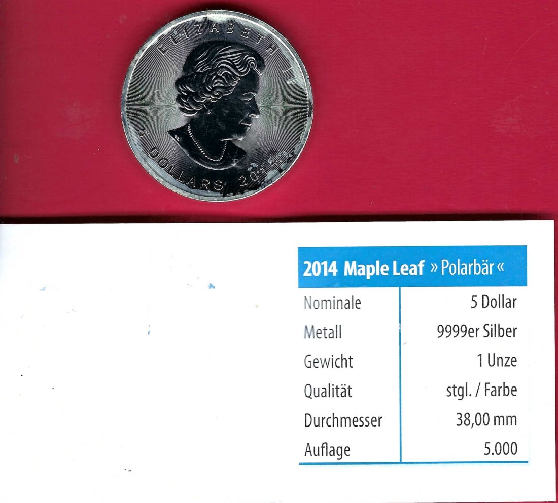  Canada 5 Dollar Maple leaf Polarbär 1 Oz Silber 2014 Münzenankauf Koblenz Frank Maurer AI504   