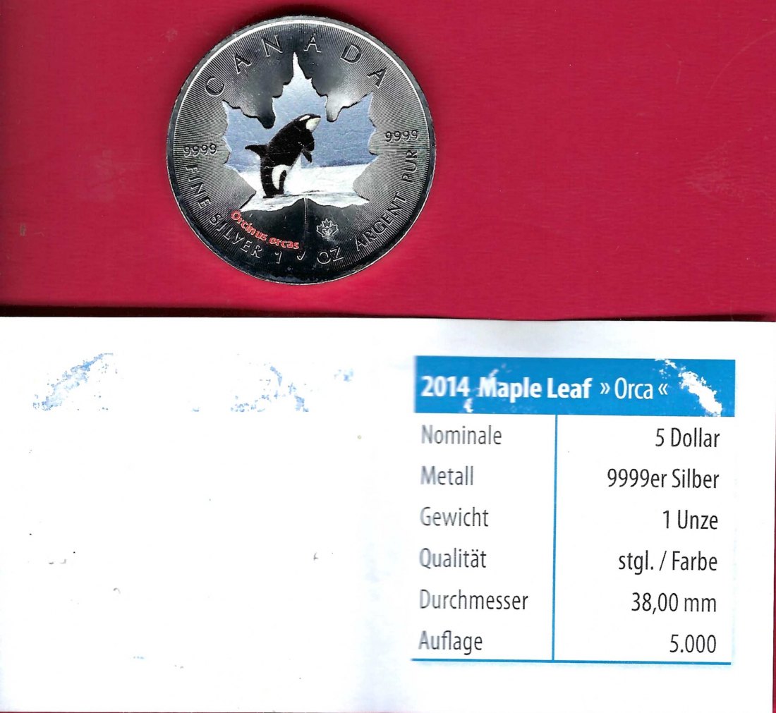  Canada 5 Dollar Maple leaf Orca 1 Oz Silber 2014 Münzenankauf Koblenz Frank Maurer AI505   