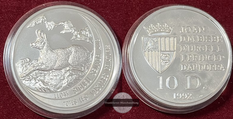  Andorra  10 Diners  1992  Wilde Tiere  FM-Frankfurt  Feinsilber: 28,7g pp KM#75   