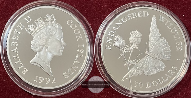  Cook Island  50 Dollar (Schmetterling)  1992  FM-Frankfurt  Feingewicht: 17,76g Silber pp Km#244   
