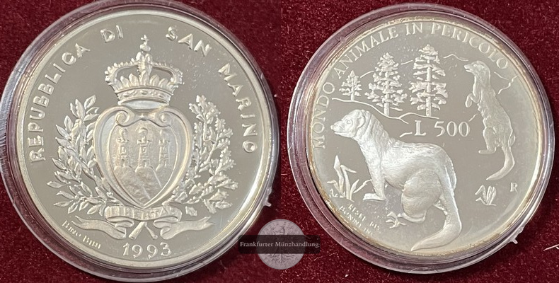  San Marino  500 Lire  1993 R  FM-Frankfurt  Feingewicht: 9,185g  Silber  PP KM#291   