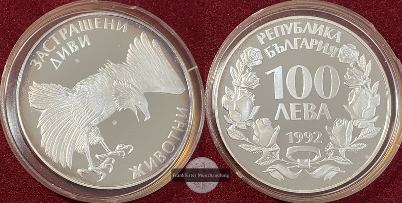  Bulgarien  100 Leva  1992  FM-Frankfurt  Feingewicht: 21,49g  Silber  PP (angelaufen)   