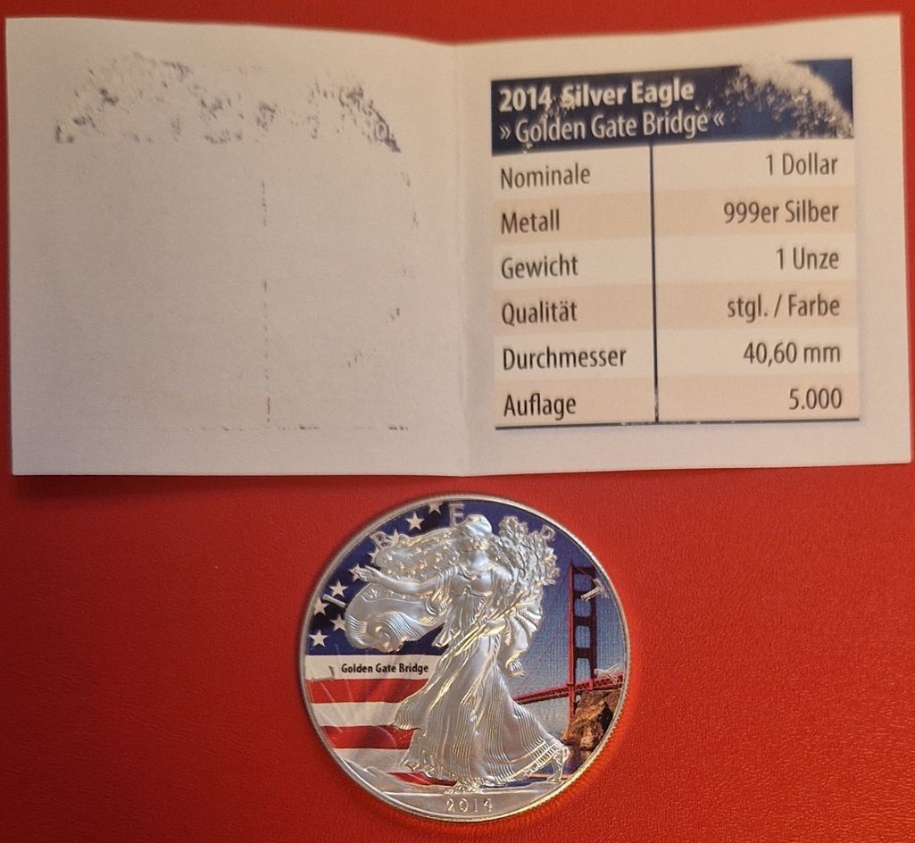  USA 2014  AG 1 OZ Feinsilber Golden Gate Bridge Koblenzer Münzen Studio Koblenz Frank Maurer AI 512   