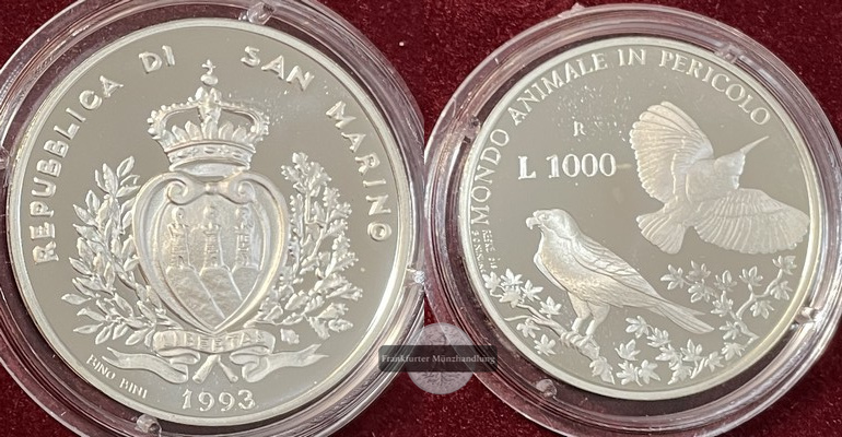  San Marino  1000 Lire  1992   FM-Frankfurt  Feingewicht: 12,19g  Silber  pp KM#292   
