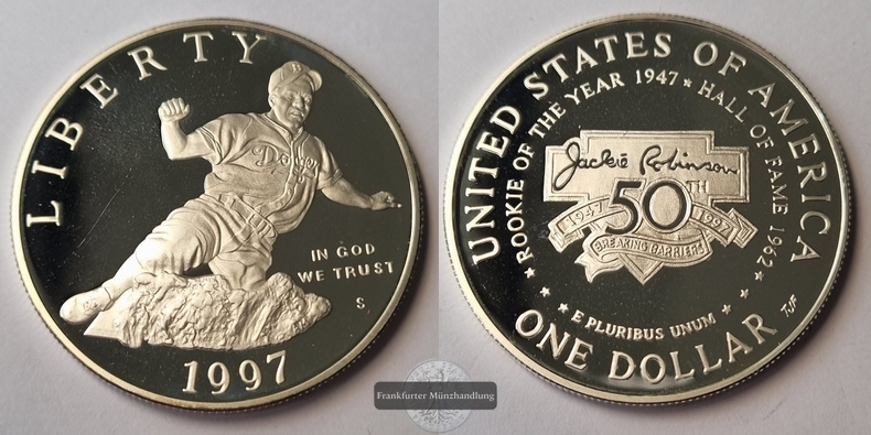  USA,  1 Dollar  S 1997  Jackie Robinson  FM-Frankfurt  Feinsilber: 24,06g   