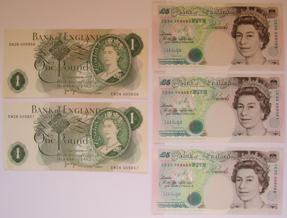  Vereinigtes Königreich: Lot aus fünf kassenfrischen Banknoten   