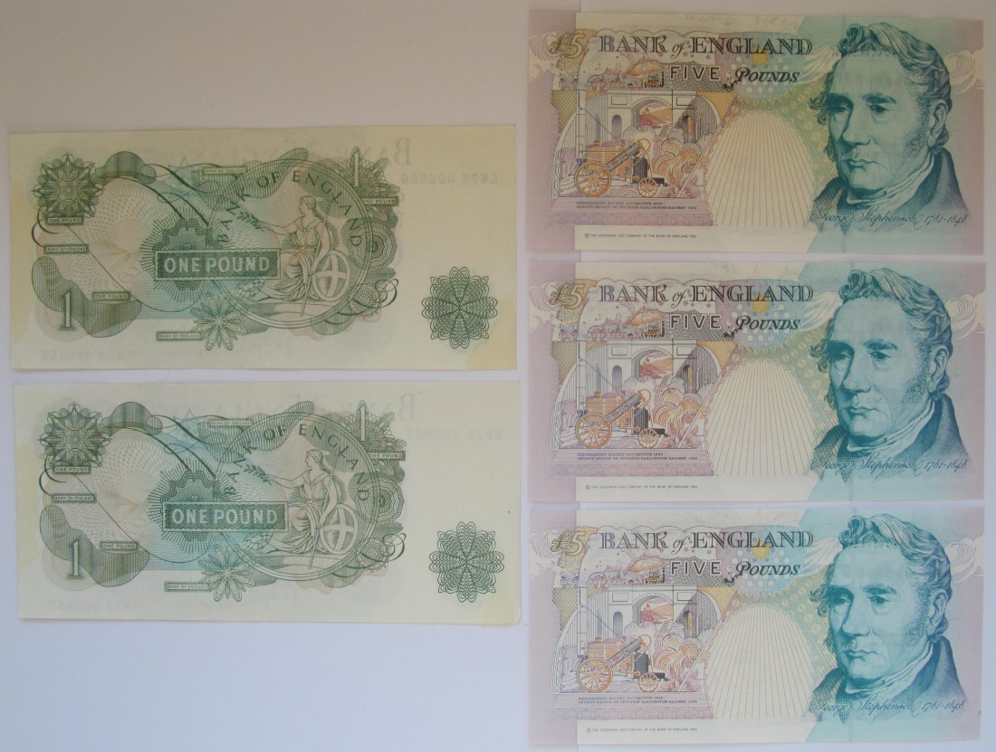  Vereinigtes Königreich: Lot aus fünf kassenfrischen Banknoten   