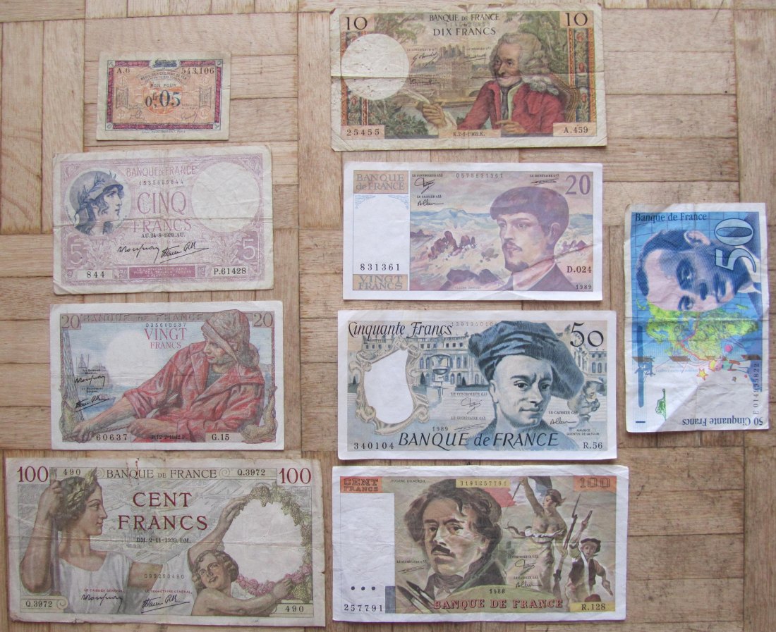  Frankreich: Lot aus neun verschiedenen Banknoten   