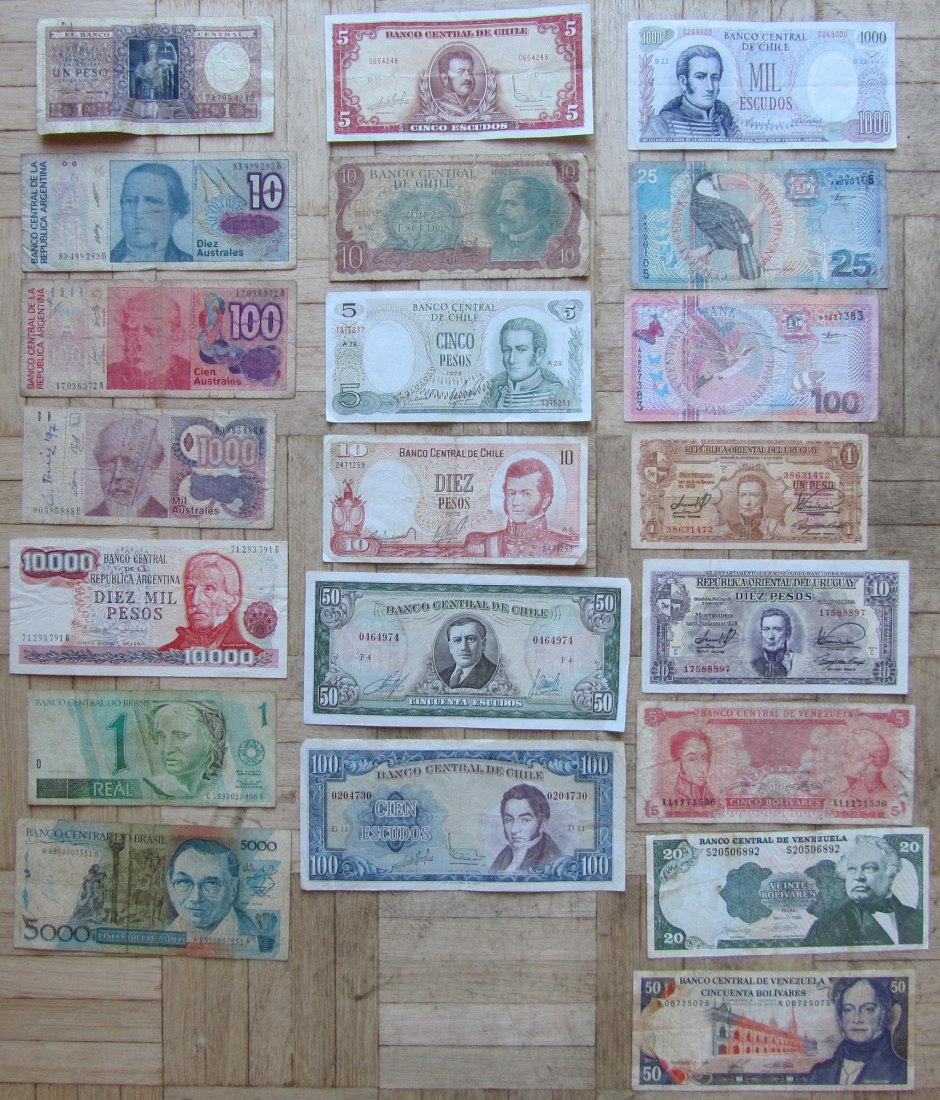  Südamerika: Lot aus 21 verschiedenen Banknoten   
