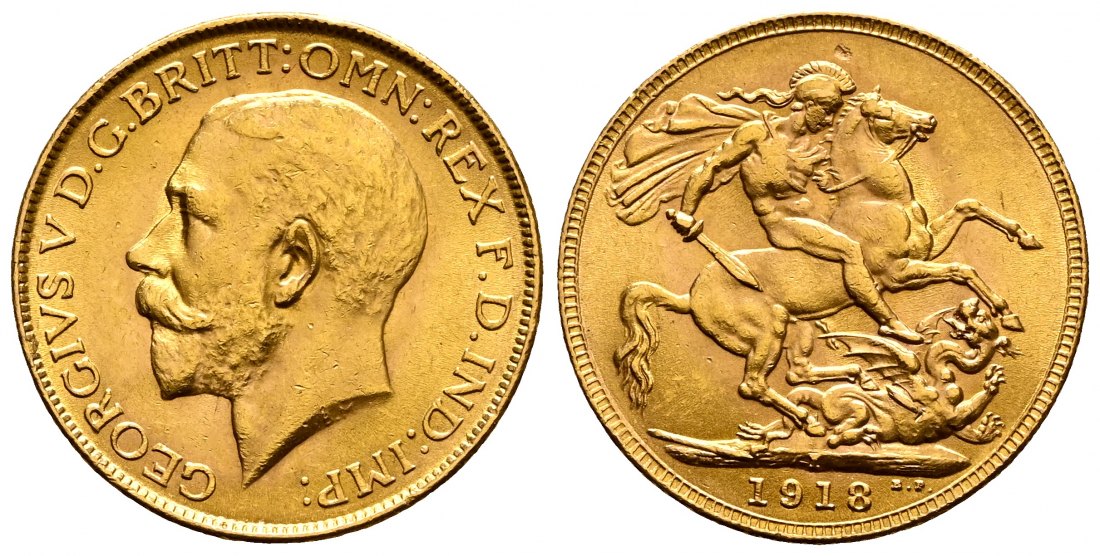 PEUS 2568 Großbritannien / Indien 7,32 g Feingold. Georg V. (1910 - 1936) Sovereign GOLD 1918 I, Bombay Fast vorzüglich