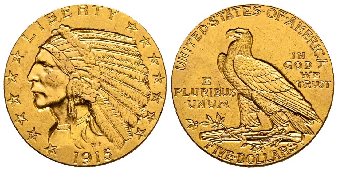 PEUS 2569 USA 7,52 g Feingold. Indian Head 5 Dollars GOLD 1915 Sehr schön