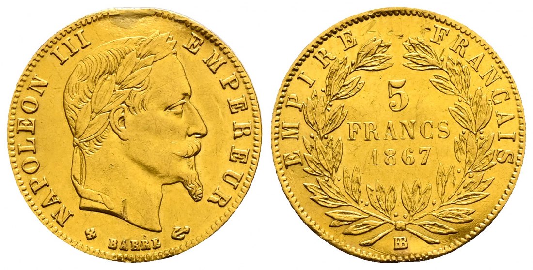 PEUS 2570 Frankreich 1,45 g Feingold. Napoleon III. (1852-1870) 5 Francs GOLD 1867 BB Straßbur Henkelspur, Sehr schön