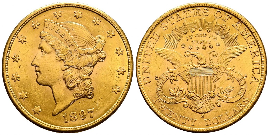 PEUS 2571 USA 30,1 g Feingold. Coronet Head 20 Dollars GOLD 1897 S Sehr schön