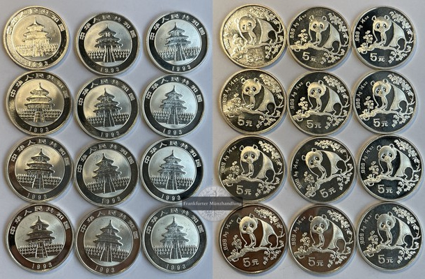  China 12 x 5 Yuan LOT 1993 Panda  FM-Frankfurt Feinsilber: 12x15,53g= 233,017g   