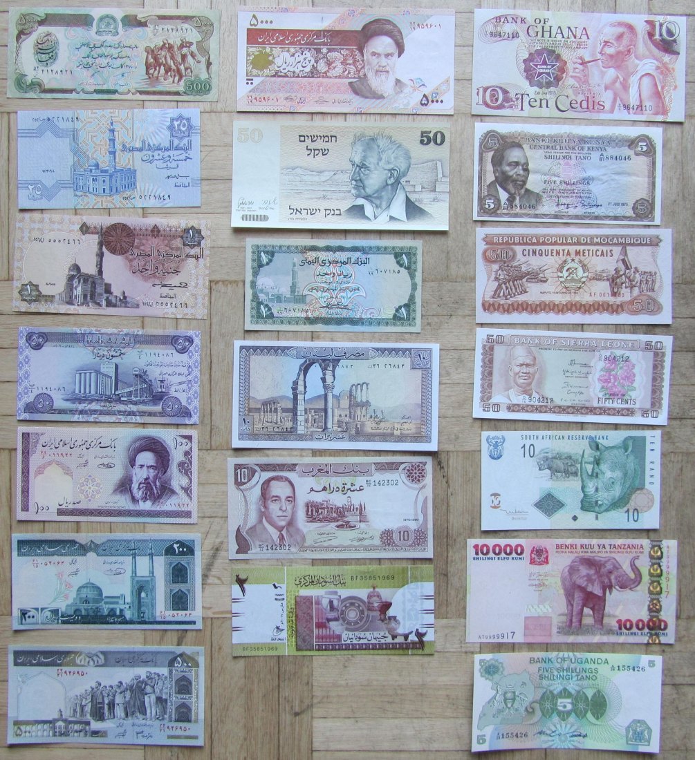  Naher Osten/Afrika: Lot aus 20 verschiedenen Banknoten, alle kassenfrisch   