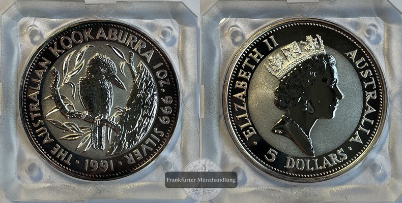  Australien.  5 Dollar 1991  Kookaburra  FM-Frankfurt KM#138 Feinsilber: 31,1g pp   