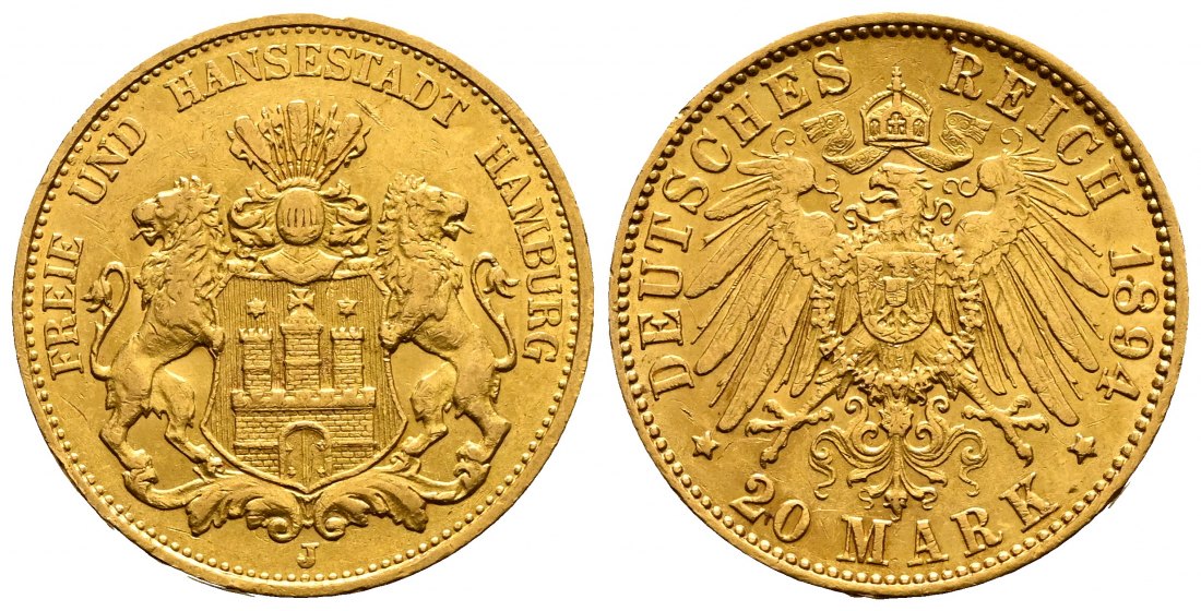 PEUS 2574 Kaiserreich - Hamburg 7,16 g Feingold. Stadtwappen 20 Mark GOLD 1894 J Sehr schön