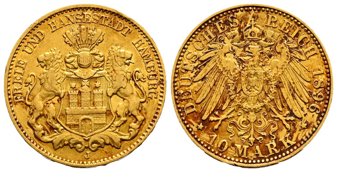 PEUS 2575 Kaiserreich - Hamburg 3,58 g Feingold. 10 Mark GOLD 1896 J Fleckig, sehr schön