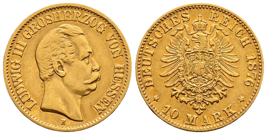 PEUS 2577 Kaiserreich - Hessen Ludwig III. (1848 - 1877) 10 Mark GOLD 1876 H Darmstadt Kratzer, sehr schön