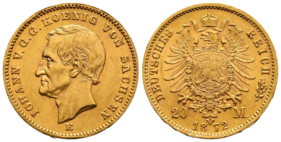 PEUS 2578 Sachsen - Kaiserreich 7,16 g Feingold. Johann (1854 - 1873) 20 Mark GOLD 1872 E Kl. Kratzer, Sehr schön +