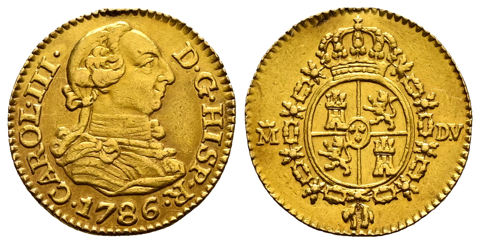 PEUS 2579 Spanien 1,7 g. Karl III. (1759-1788, 1731-1737 Herzog von Parma, 1738-1759 König Neapel+Sizilien) 1/2 Escudos GOLD 1786 M DV Sehr schön