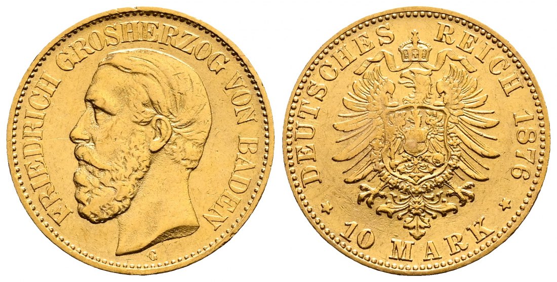 PEUS 2562 Baden - Kaiserreich 3,58 g Feingold. Friedrich I. (1852 - 1907) m. Münzbeschreibung 10 Mark GOLD 1876 G Sehr schön