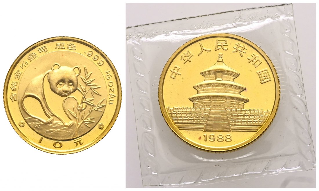 PEUS 2596 China 3,11 g Feingold. Panda mit Bambus 10 Yuan GOLD 1/10 Unze 1988 Uncirculated (eingeschweißt)
