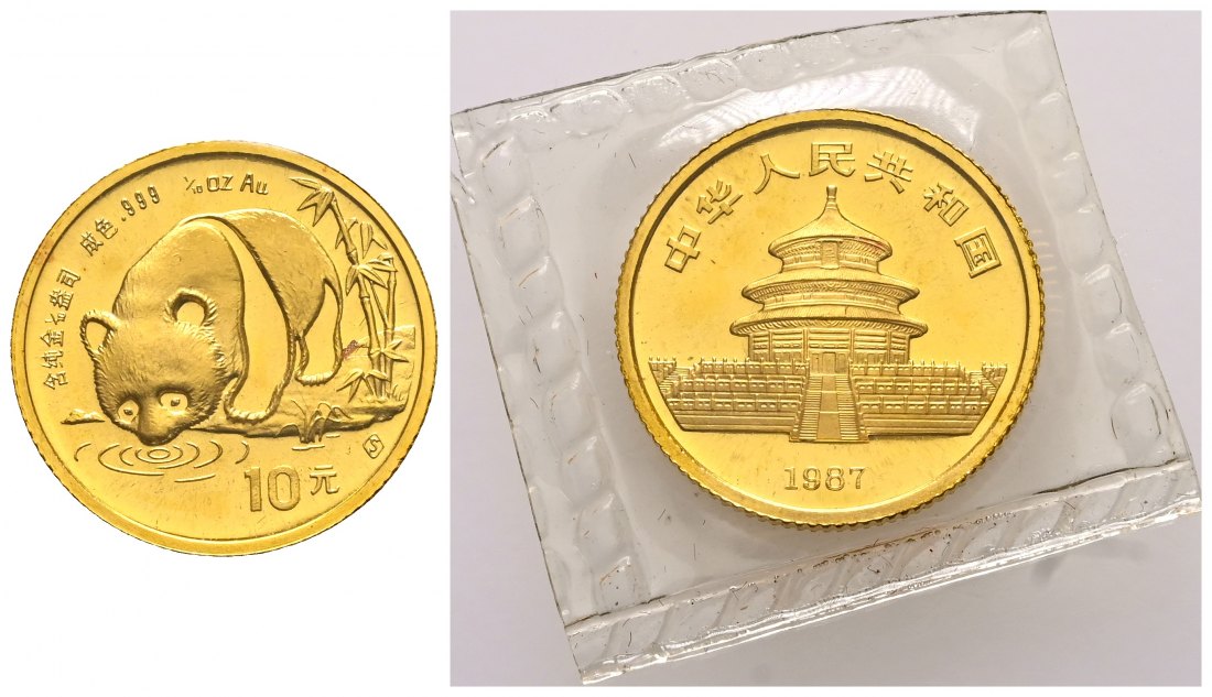 PEUS 2597 China 3,11 g Feingold. Panda mit Bambus 10 Yuan GOLD 1/10 Unze 1987 Uncirculated (eingeschweißt)