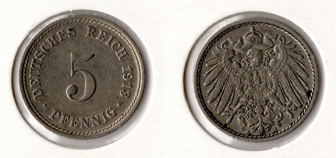  Kaiserreich 5 Pfennig 1913 -A- Jaeger 12. ss/f.vz   