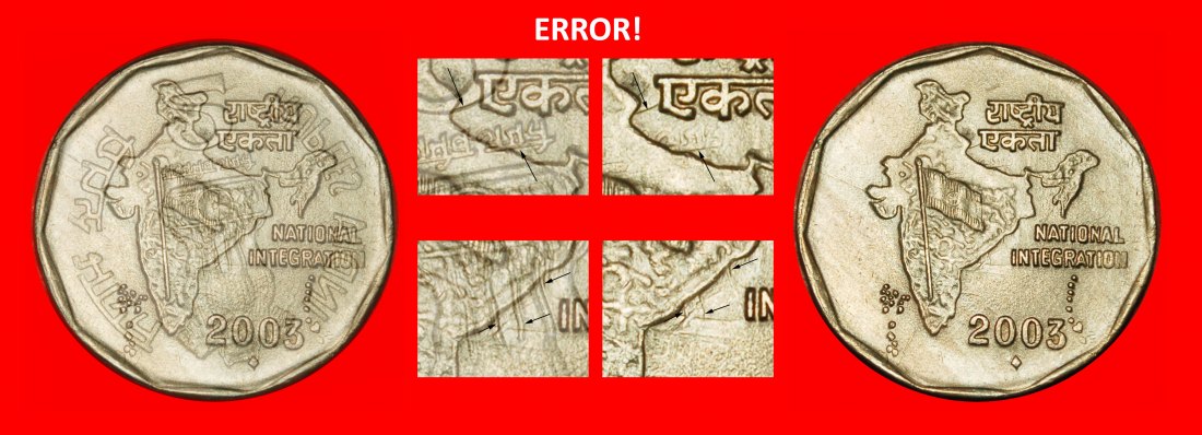  Ⰶ LIONS AND MAP (1992-2004): INDIA ★ 2 RUPEES 2003 DIAMOND! UNC★ RARE ERROR!★LOW START ★ NO RESERVE!   