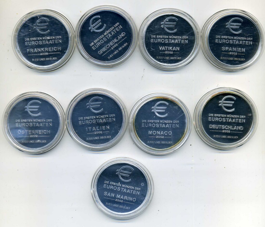 9 x 1 Unze Silber PP Euro Münzen der Eurostatten PP insg. 9 Unzen Feinsilber