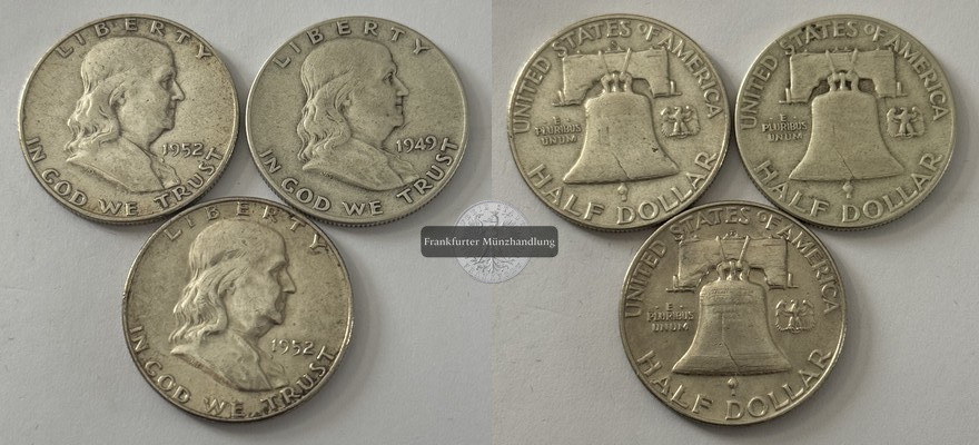  USA 3x 1/2 Dollar 1949,52 Franklin Half Dollar FM-Frankfurt  Feinsilber: 33,75g   