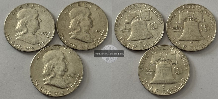  USA 3x 1/2 Dollar 1953 Franklin Half Dollar FM-Frankfurt  Feinsilber: 33,75g   