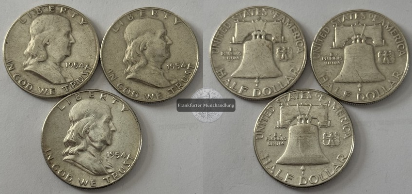  USA 3x 1/2 Dollar 1954 Franklin Half Dollar FM-Frankfurt  Feinsilber: 33,75g   
