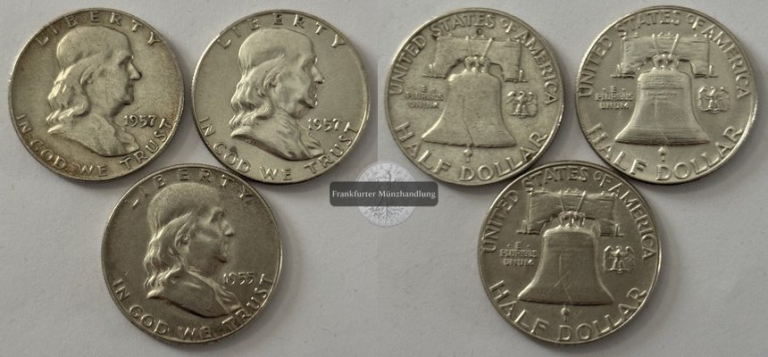  USA 3x 1/2 Dollar 1955/57 Franklin Half Dollar FM-Frankfurt  Feinsilber: 33,75g   