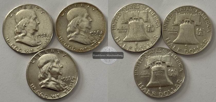  USA 3x 1/2 Dollar 1958/59 Franklin Half Dollar FM-Frankfurt  Feinsilber: 33,75g   