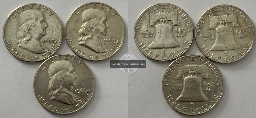  USA 3x 1/2 Dollar 1959/60 Franklin Half Dollar FM-Frankfurt  Feinsilber: 33,75g   