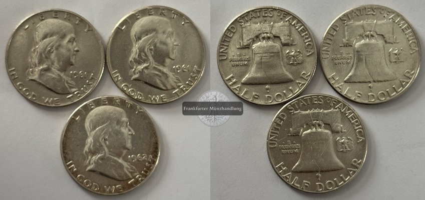  USA 3x 1/2 Dollar 1961/62 Franklin Half Dollar FM-Frankfurt  Feinsilber: 33,75g   