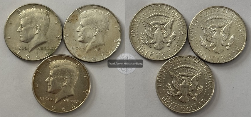  USA 3x 1/2 Dollar 1964-66 Kennedy Half Dollar FM-Frankfurt  Feinsilber: 21,25g   