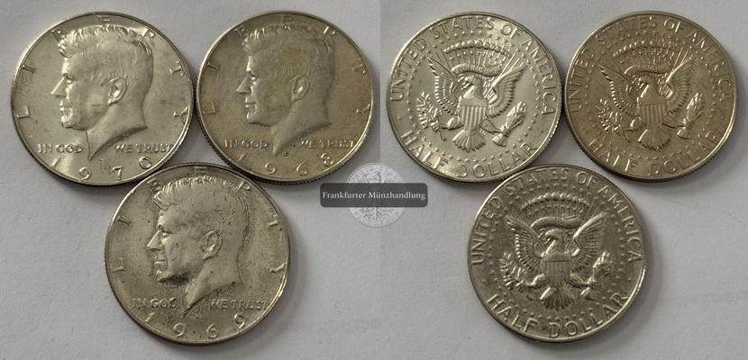  USA 3x 1/2 Dollar 1968-70 Kennedy Half Dollar FM-Frankfurt  Feinsilber: 15g   