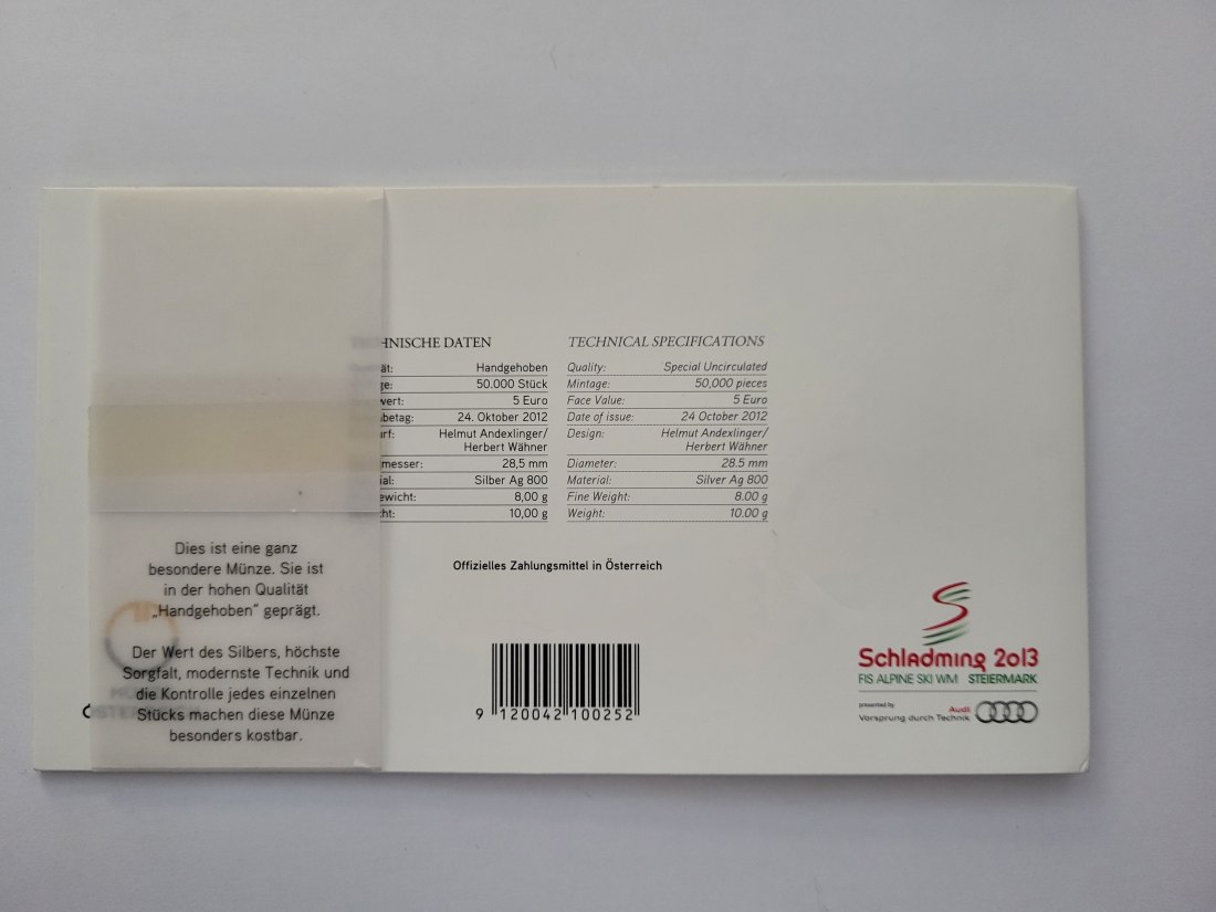  5 Euro 2013 Ski Schladming Blister silber 800/8g fein Österreich Spittalgold9800 (04974)   