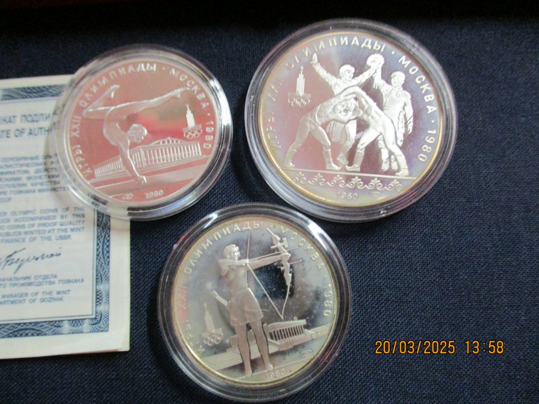  UDSSR Russland 2x 5 & 1x 10 Rubel Gedenkmünzen Olympiade Moskau 1980, 3x Silbermünzen/P1   