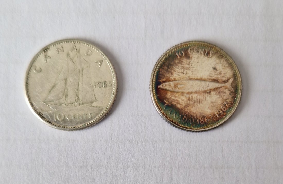  2 Silbermünzen Kanada 10 Cents 1965 und 1967   