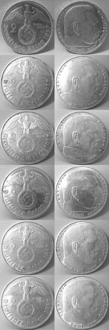 2 Reichsmark, 1937 ADEFGJ, Hindenburg, gesamt 30 g Feinsilber   